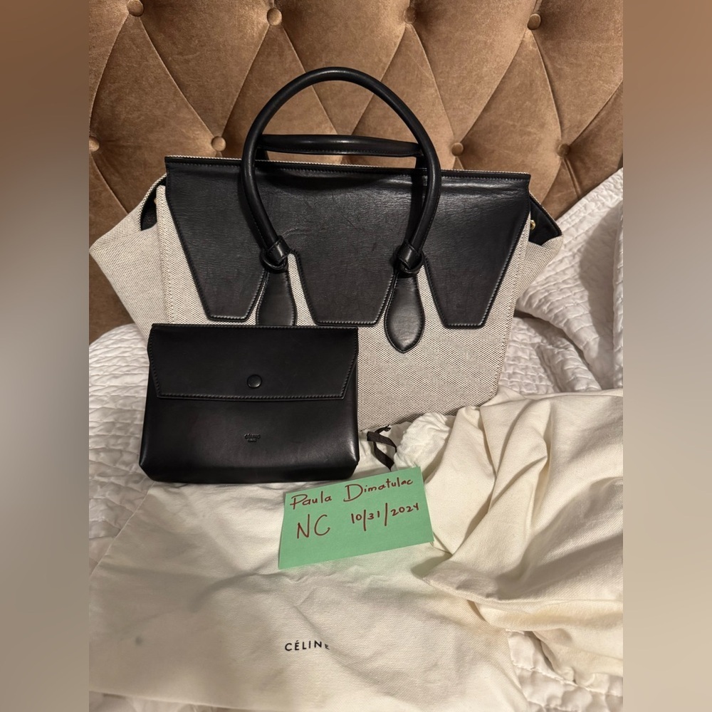 Celine Black/Cream Canvas and Leather Tie Tote - Picture 1 of 13